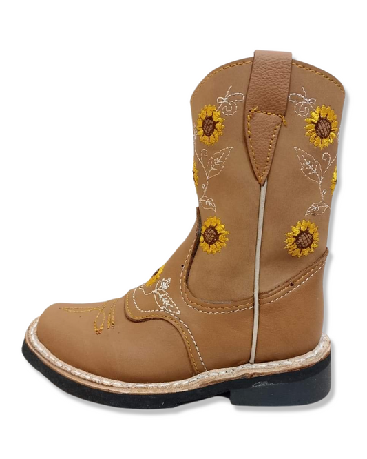 Bota vaquera de niñas color miel con girasoles