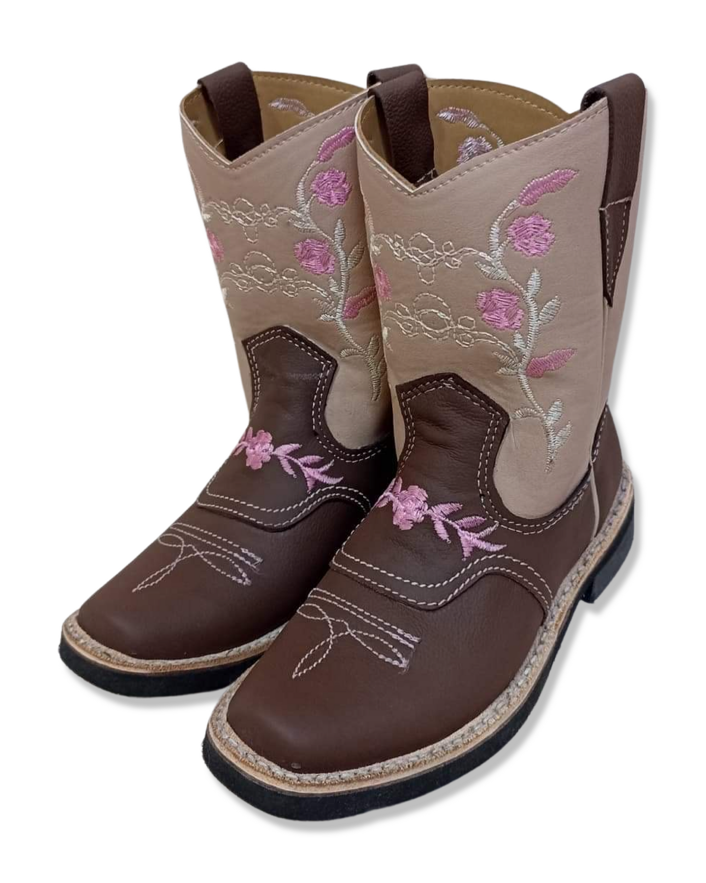 Botas vaqueras para niñas color cafe con flores