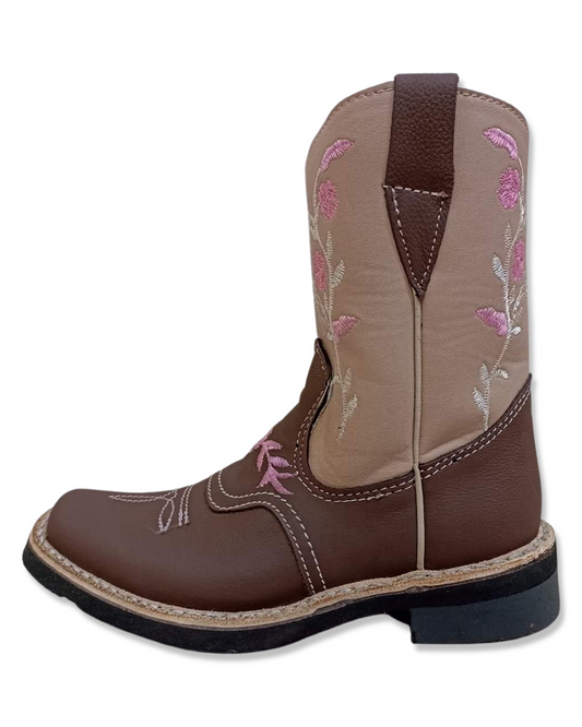 Botas vaqueras para niñas color cafe con flores