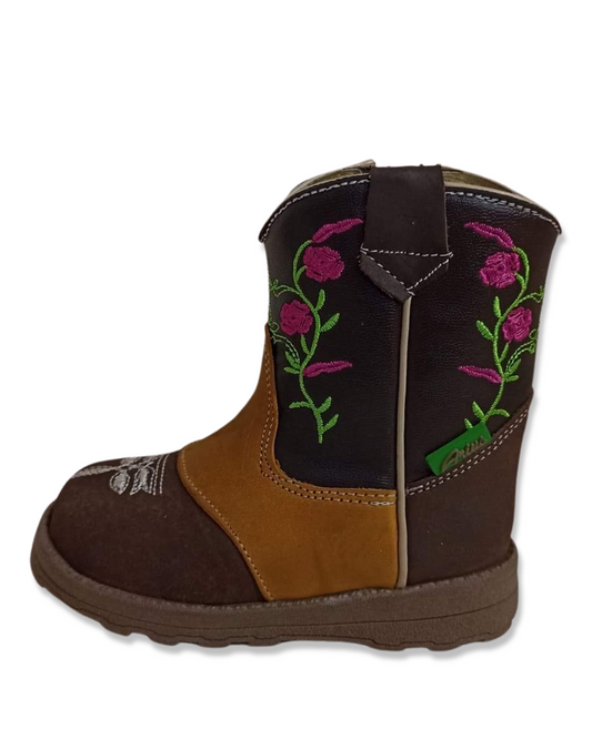 Botita vaquera para niñitas color choco con flores